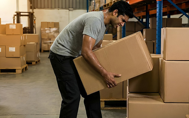 Man lifting heavy box that is one of the cause of hernia