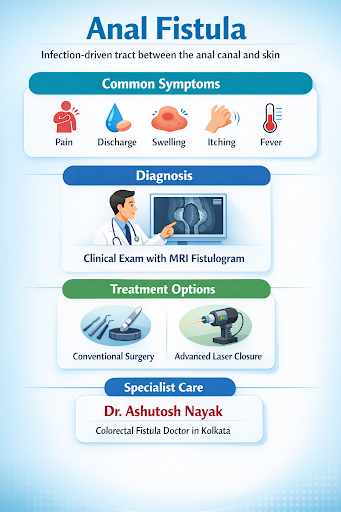 Infographic on Anal Fistula showing common symptoms, diagnostic methods, and treatment options including conventional surgery and advanced laser closure, with specialist care by Dr. Ashutosh Nayak