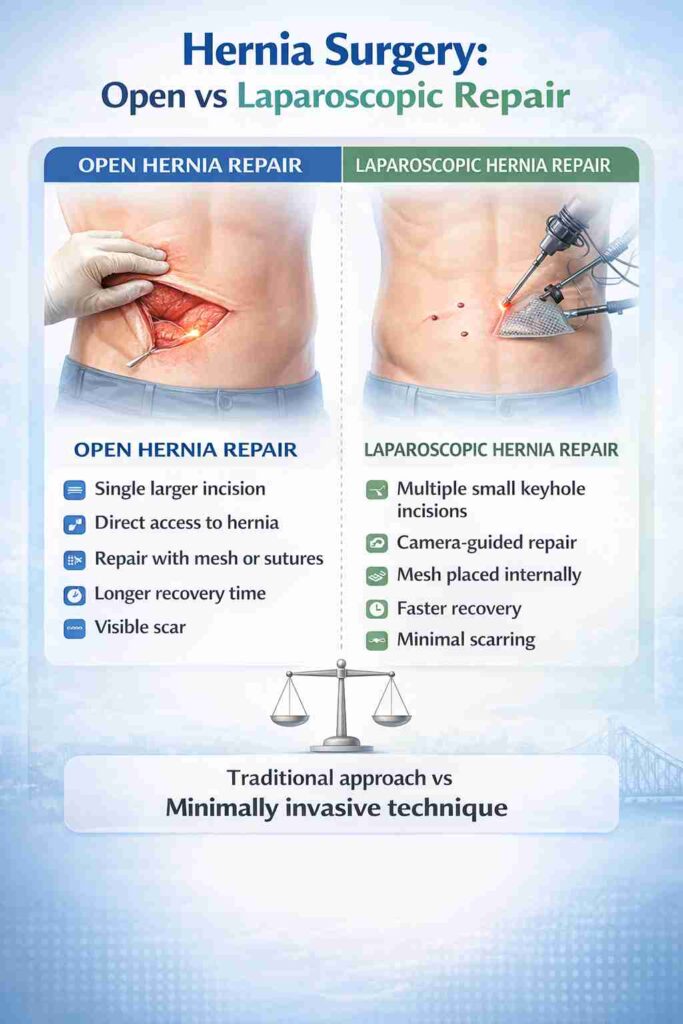 Comparison infographic between open hernia repair and laparoscopic hernia repair, showing key differences in procedure and recovery time.