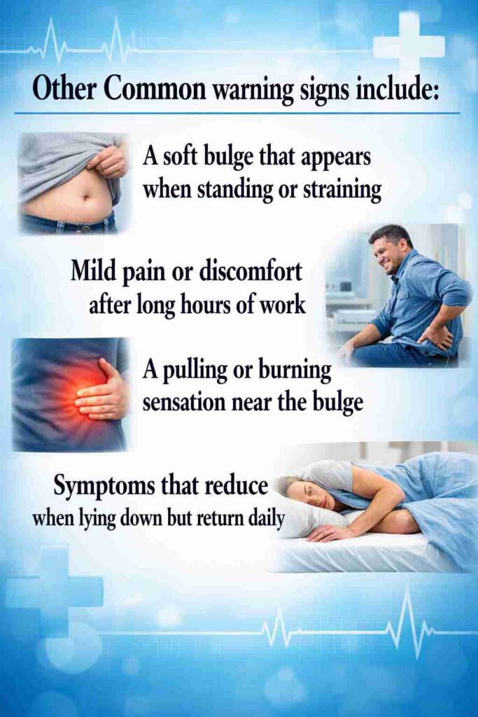 Early hernia warning signs including soft bulge when standing, mild pain after work, and burning sensation near the abdomen