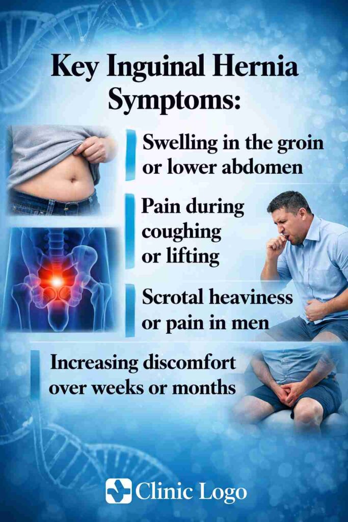 Key inguinal hernia symptoms including groin swelling, pain during coughing or lifting, and scrotal heaviness in men