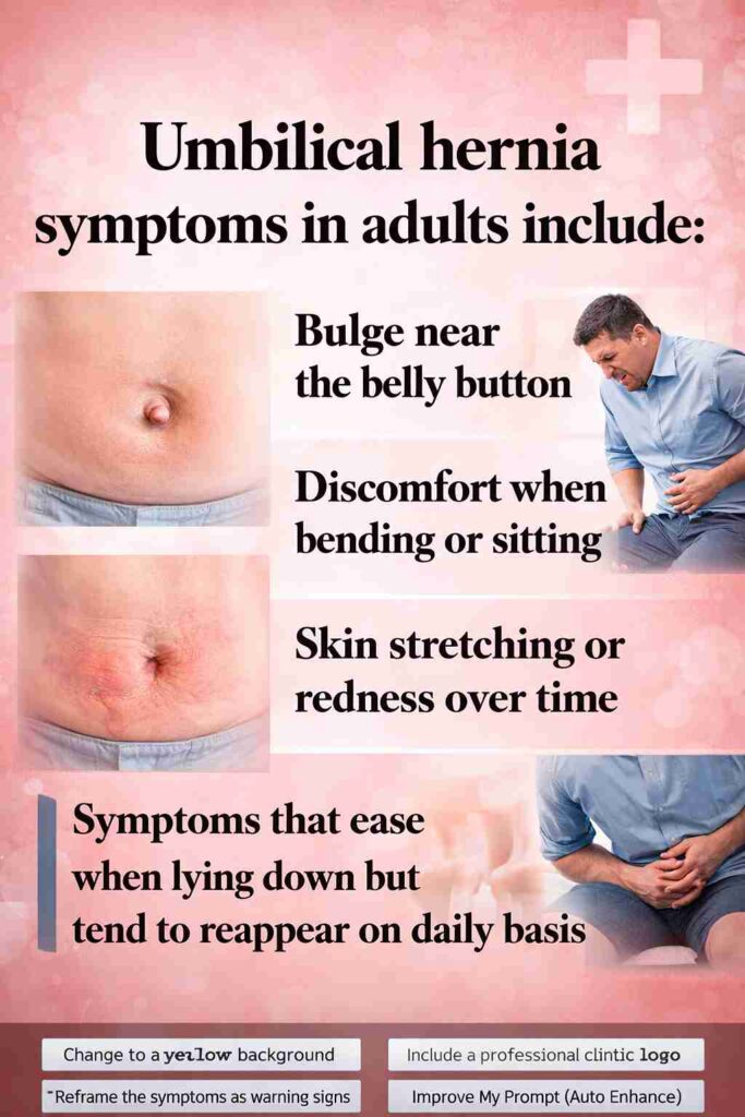 Umbilical hernia symptoms in adults showing belly button bulge, discomfort when bending, and skin redness