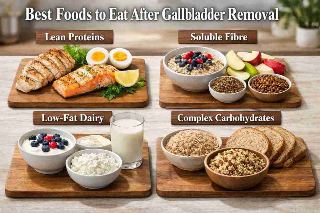 Best foods to eat after gallbladder removal including lean protein, soluble fibre, low fat dairy and complex carbohydrates
