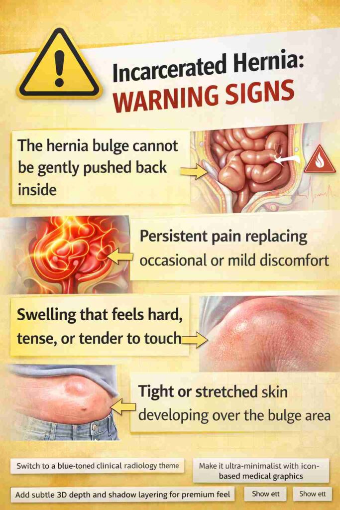 Warning signs of incarcerated hernia including persistent pain, hard swelling, and bulge that cannot be pushed back