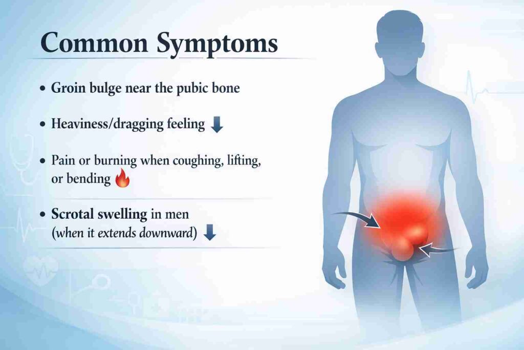 Diagram showing common hernia symptoms such as groin bulge, heaviness, pain while coughing, and scrotal swelling in men.