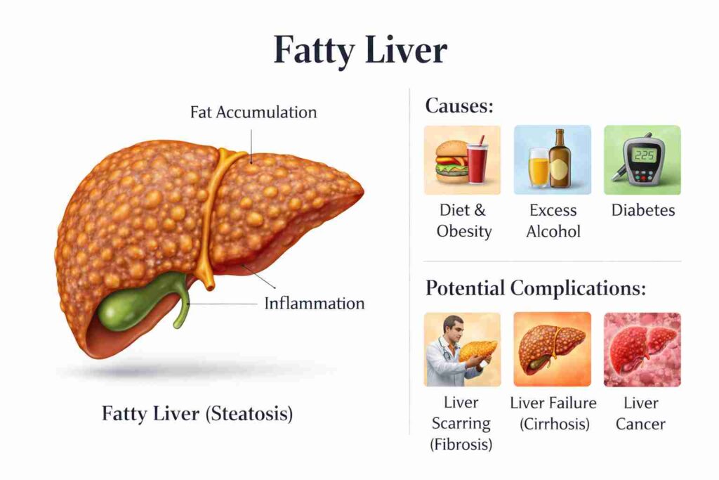 Infographic explaining the causes and potential complications of fatty liver (steatosis)