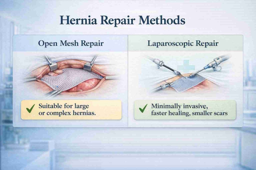 Infographic comparing open mesh repair and laparoscopic repair for hernia surgery, including benefits of each method.