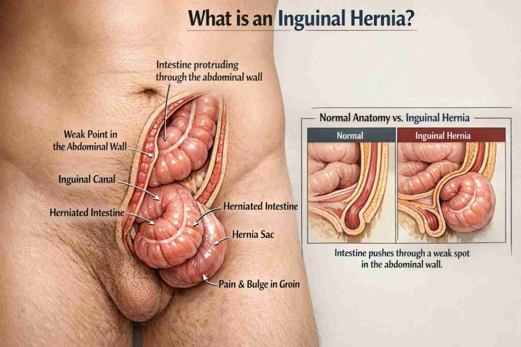 Anatomy diagram showing the difference between normal abdominal anatomy and an inguinal hernia, highlighting the protruding intestine.