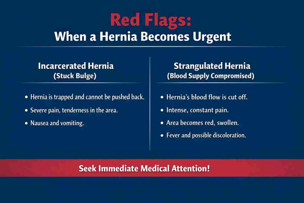 Infographic displaying red flags for when a hernia becomes urgent, including incarcerated and strangulated hernias with symptoms.