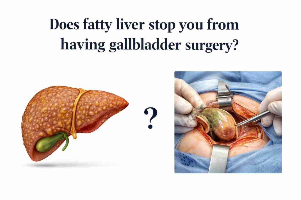 Diagram showing a fatty liver next to a surgical scene of gallbladder removal surgery