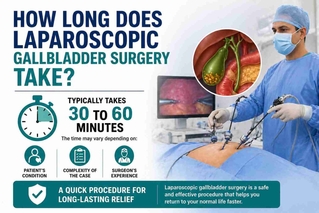 Infographic showing duration of laparoscopic gallbladder surgery, typically 30 to 60 minutes, with factors affecting surgery time including patient condition, case complexity, and surgeon experience