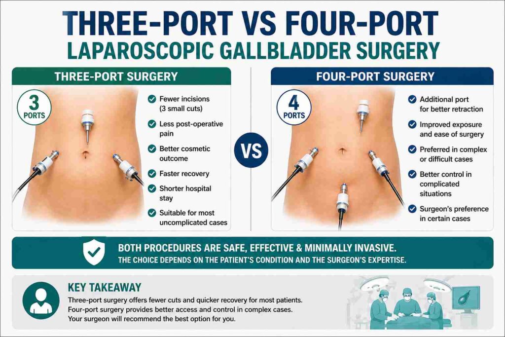 Comparison chart of three-port versus four-port laparoscopic gallbladder surgery highlighting differences in incision number, visibility, instrument control, recovery, and surgical flexibility