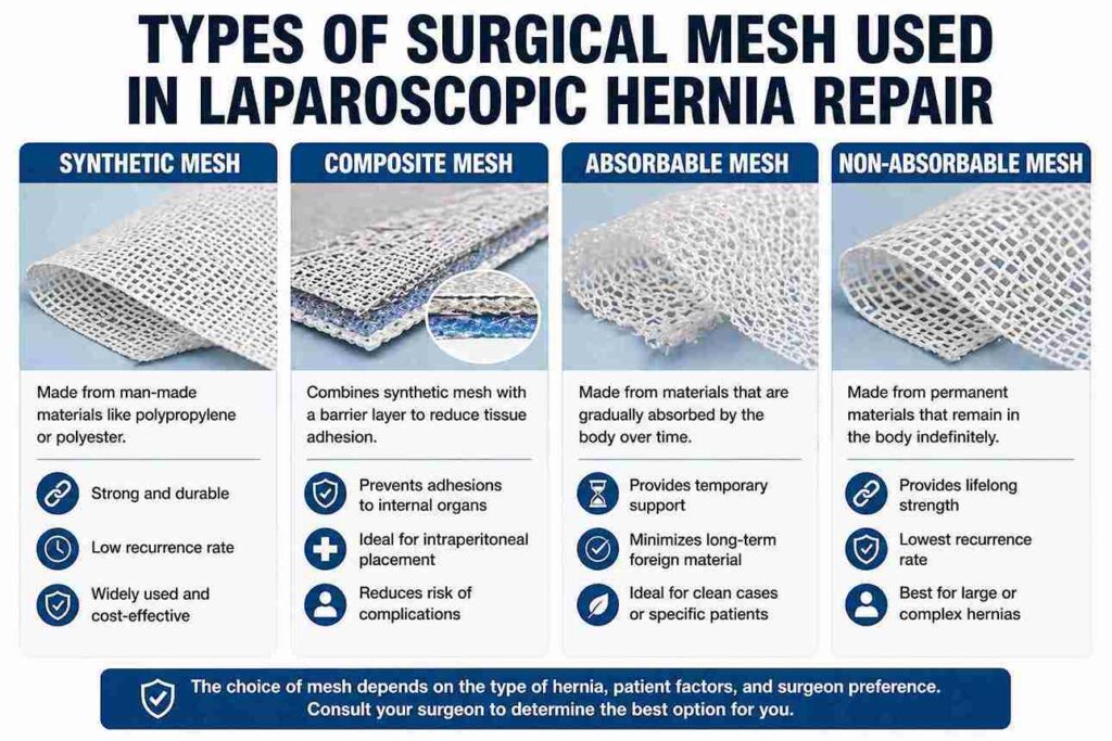 Infographic detailing four types of surgical mesh used in laparoscopic hernia repair, including synthetic mesh, composite mesh, absorbable mesh, and non-absorbable mesh with their respective benefits and uses.