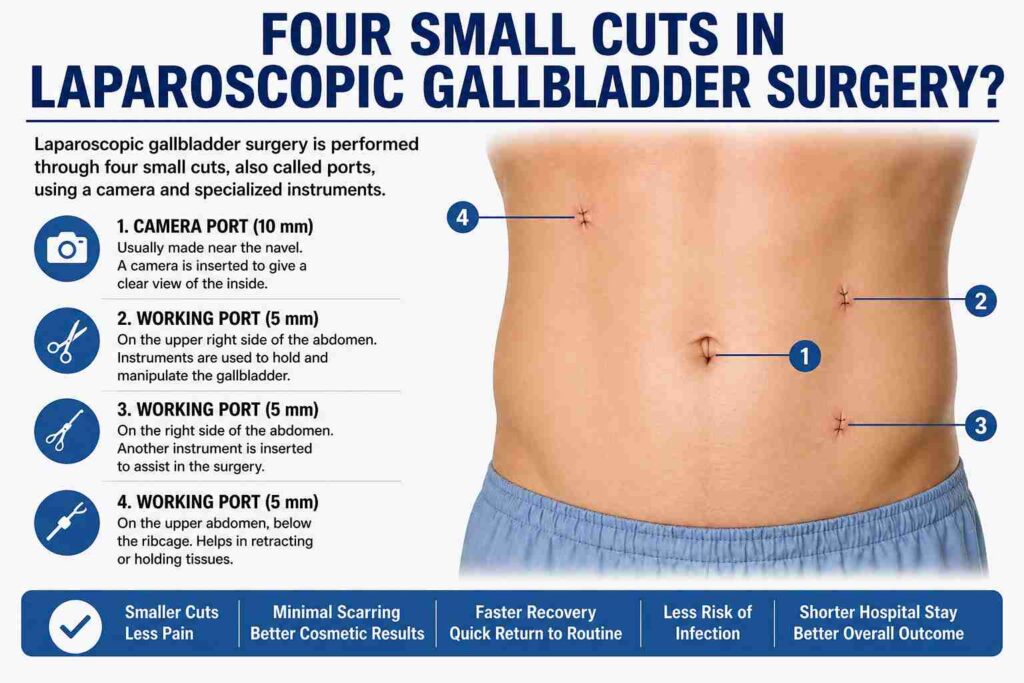 Diagram showing four small cuts for laparoscopic gallbladder surgery with labeled camera port and working ports for precise instrument access and minimal scarring