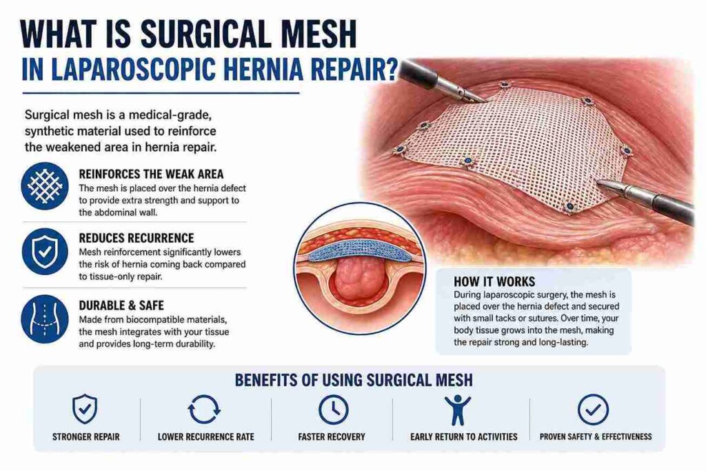 Infographic explaining what surgical mesh is, its role in reinforcing weakened abdominal walls during laparoscopic hernia repair, and its benefits such as reducing recurrence, providing durable support, and promoting faster recovery.