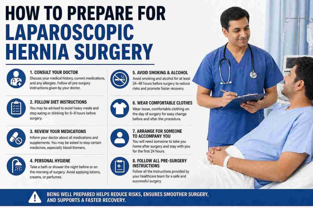 Infographic showing eight essential steps to prepare for laparoscopic hernia surgery, including consulting a doctor, following diet instructions, wearing comfortable clothes, and avoiding smoking and alcohol.