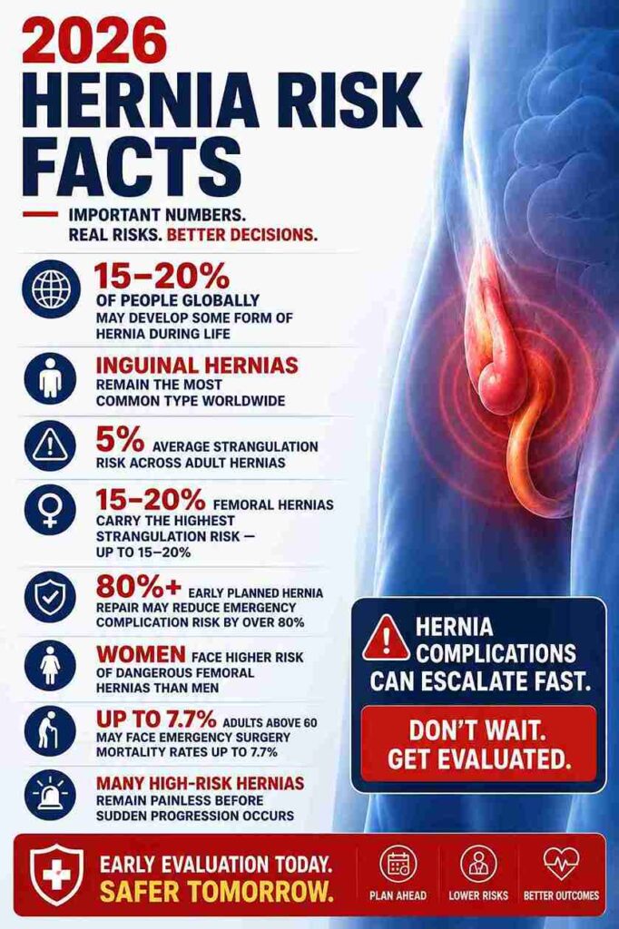 Hernia risk facts infographic showing warning signs, strangulation risk, inguinal hernia, femoral hernia, emergency surgery risk, and the importance of early hernia evaluation.