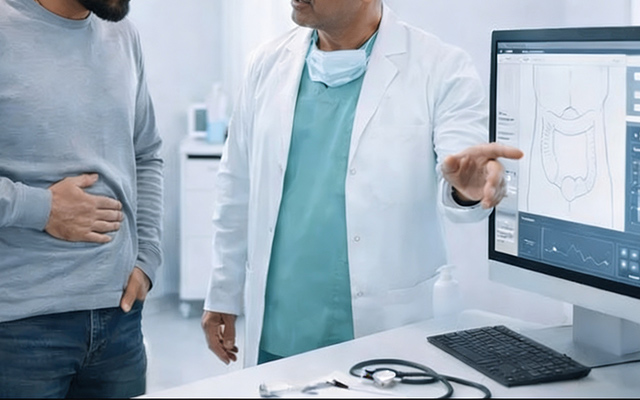 Hernia specialist explaining abdominal swelling and hernia symptoms to a patient, highlighting timely evaluation for groin pain, abdominal discomfort, and hernia surgery planning in Kolkata.