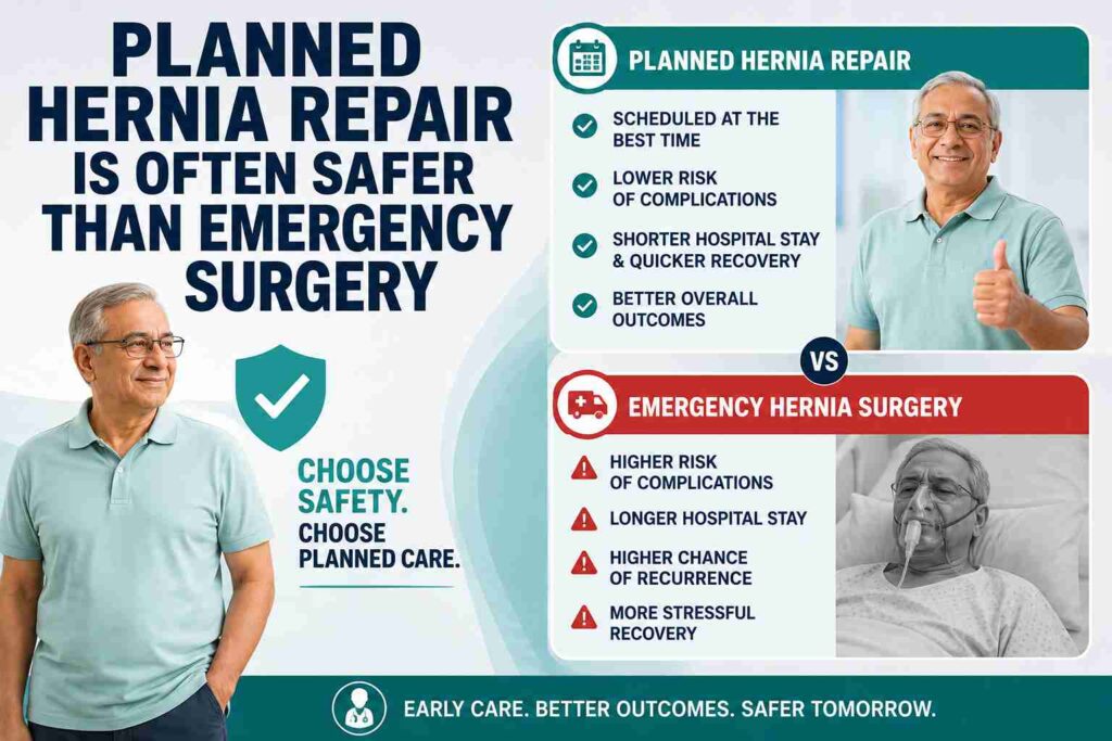 Planned hernia repair compared with emergency hernia surgery, showing how early treatment may reduce complications, hospital stay, recurrence risk, and support safer recovery.