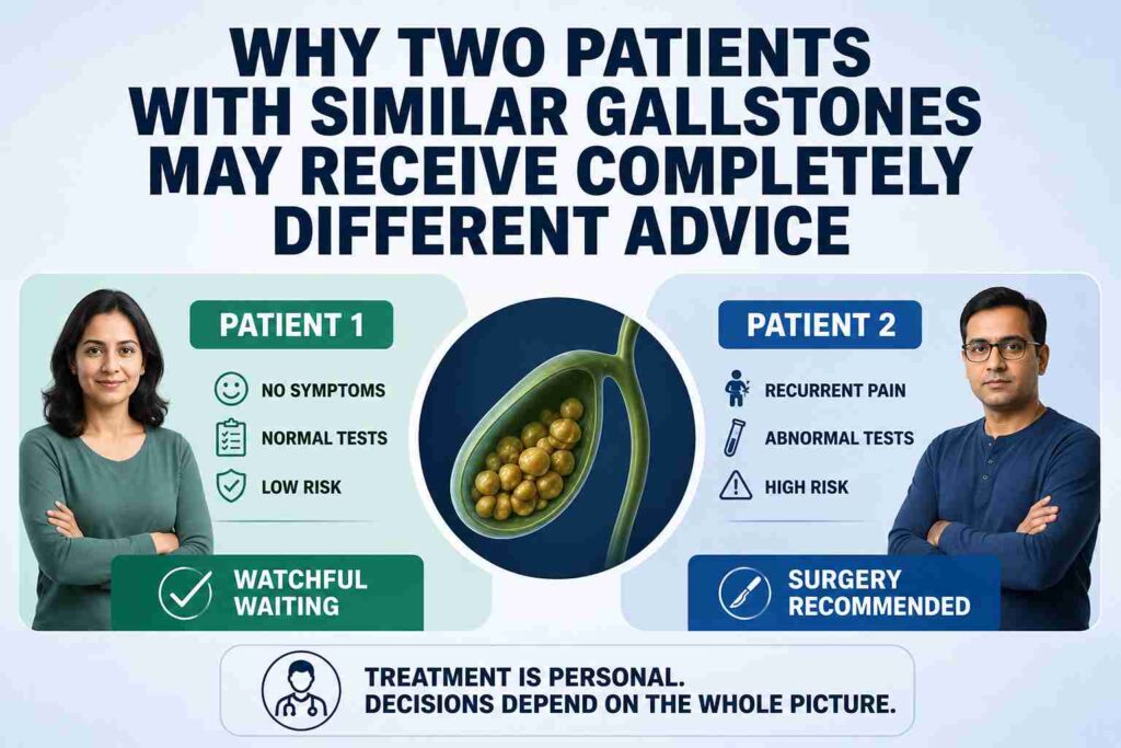Infographic showing why two patients with similar gallstones may receive different advice based on symptoms, tests, and risk factors.